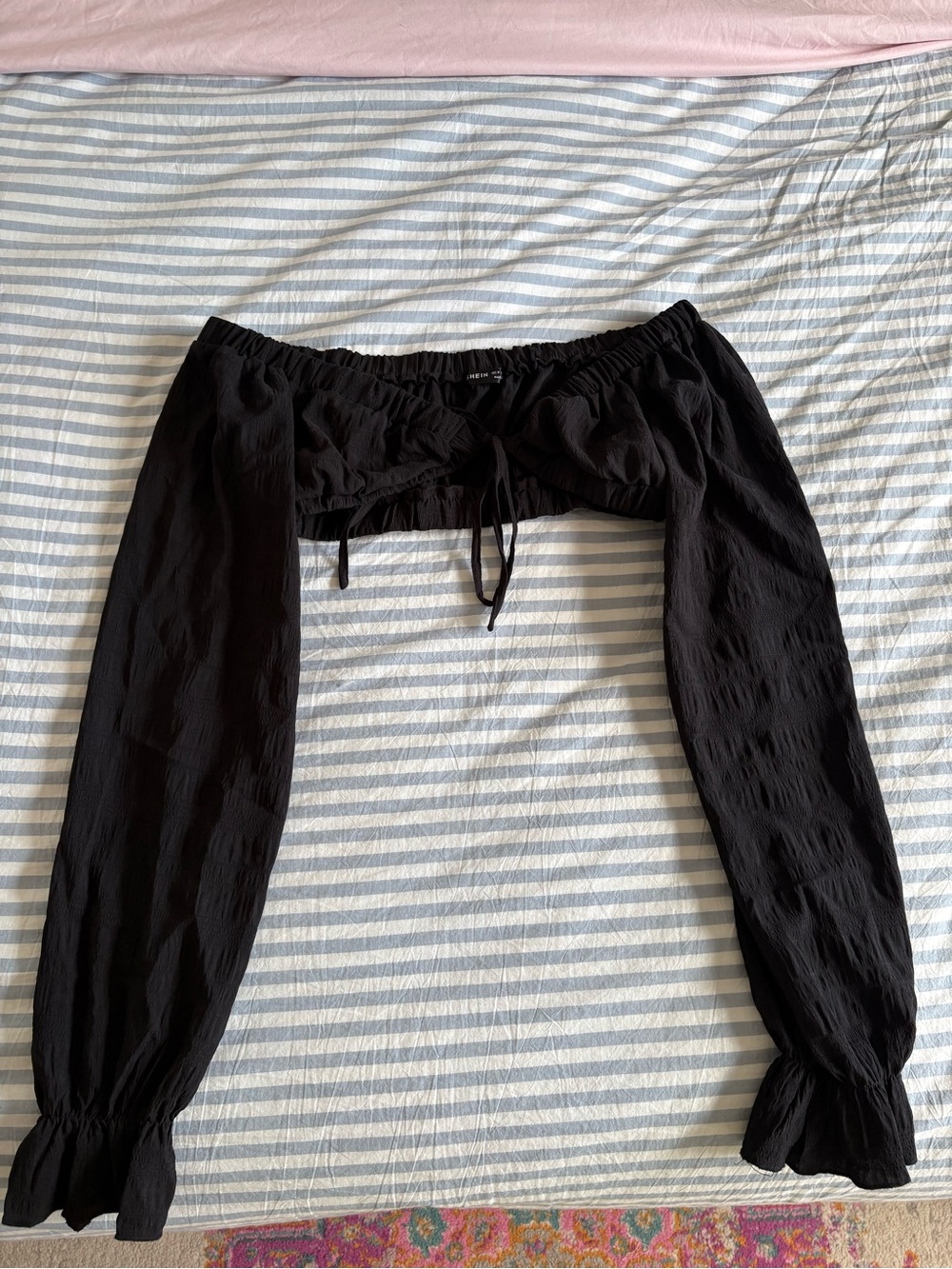 SHEIN Black Off Shoulder Tie Front Long Sleeve Crop Top